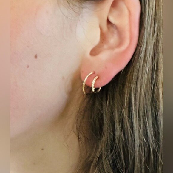 Double Huggie Earrings Gold CZ Hoop Earrings Non Tarnish Hypoallergenic Jewelry - Picture 1 of 13